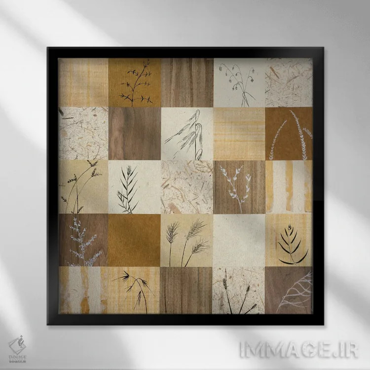 تابلو دکوراتیو وصله دوزی برگ ها I اثر جولیان جانسون - نمای قابدار مشکی