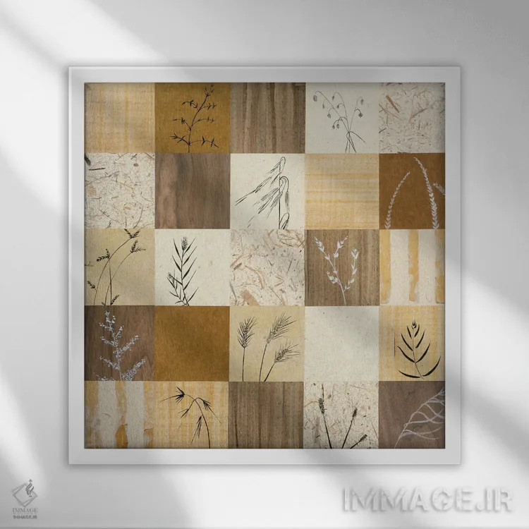 تابلو دکوراتیو وصله دوزی برگ ها I اثر جولیان جانسون - نمای قابدار سفید