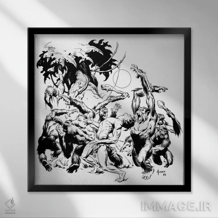تابلو دکوراتیو تصویر روی جلد تارزان میان میمون ها اثر جو جوسکو - نمای قابدار مشکی