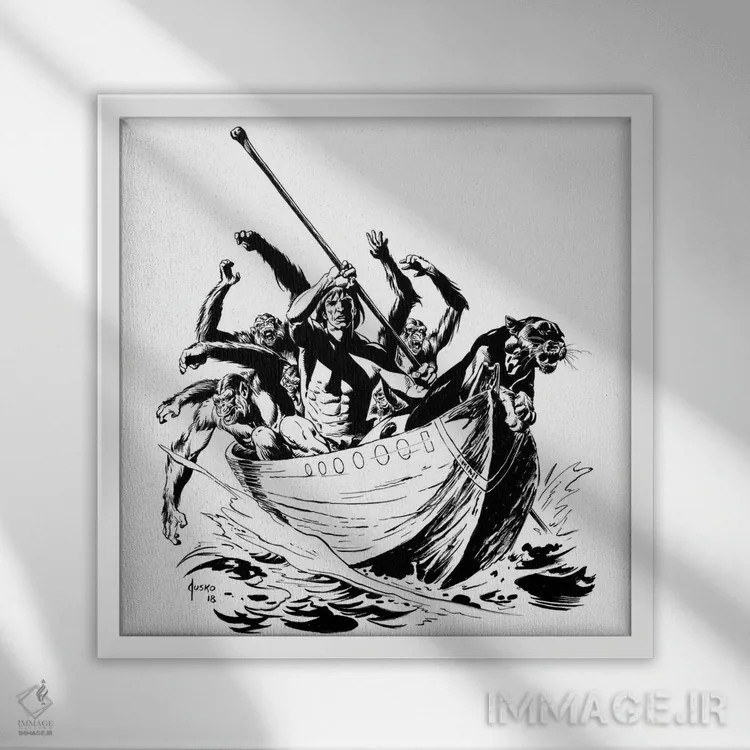 تابلو دکوراتیو تصویر روی جلد جانوران تارزان اثر جو جوسکو - نمای قابدار سفید