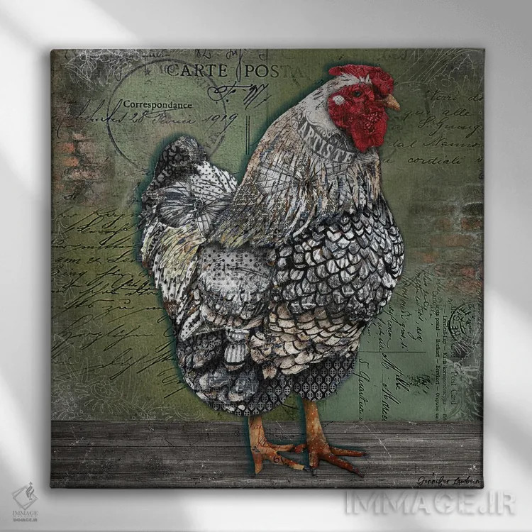 تابلو دکوراتیو مرغ فرانسوی هنرمند اثر جنیفر لمباین - نمای روبهرو روی دیوار
