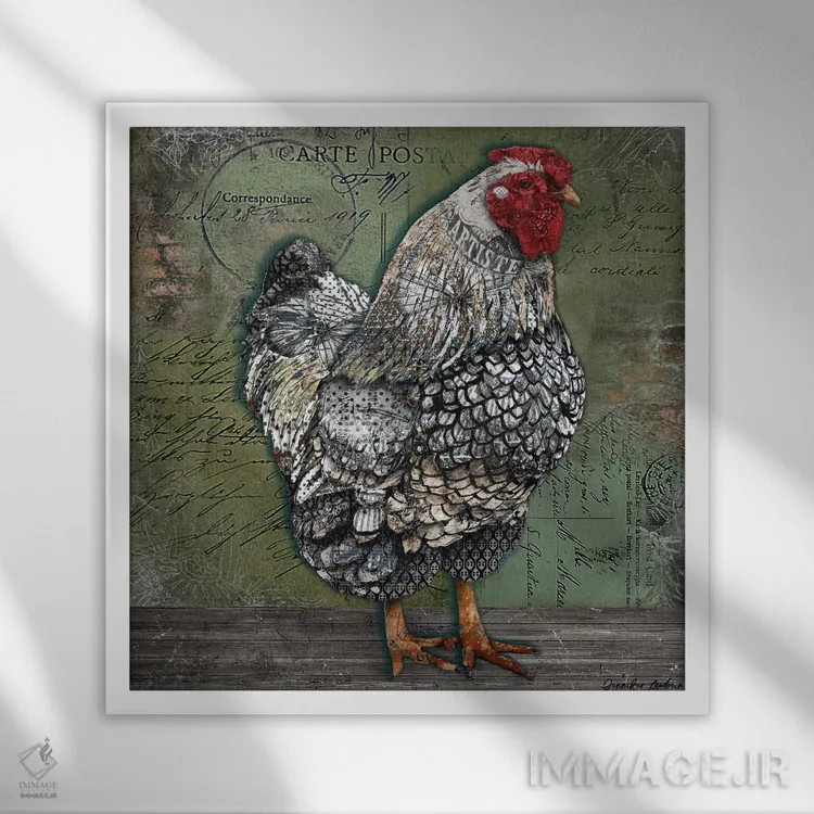 تابلو دکوراتیو مرغ فرانسوی هنرمند اثر جنیفر لمباین - نمای قابدار سفید