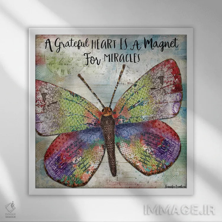 تابلو دکوراتیو پروانه قلب قدردان اثر جنیفر لمباین - نمای قابدار سفید
