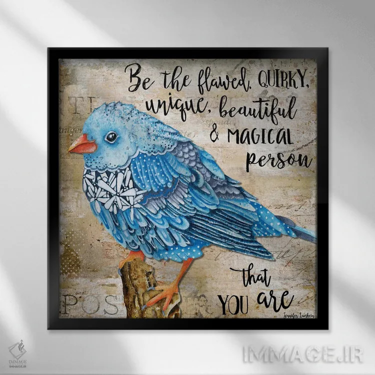 تابلو دکوراتیو پرنده گل دار ناقص باش اثر جنیفر لمباین - نمای قابدار مشکی