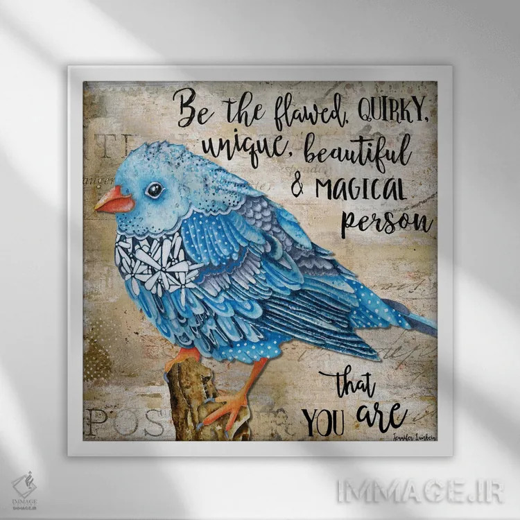 تابلو دکوراتیو پرنده گل دار ناقص باش اثر جنیفر لمباین - نمای قابدار سفید