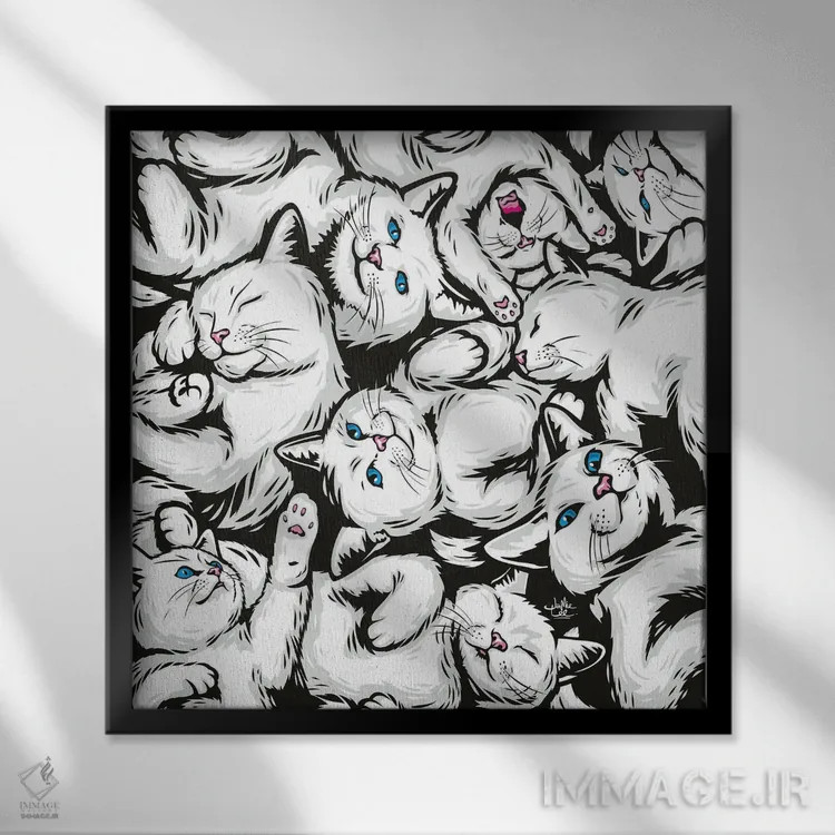 تابلو دکوراتیو گربه های سفید اثر جیمز لی - نمای قابدار مشکی