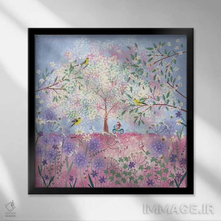 تابلو دکوراتیو گیاهان بهاری پری وینکل اثر جوی لافرم - نمای قابدار مشکی