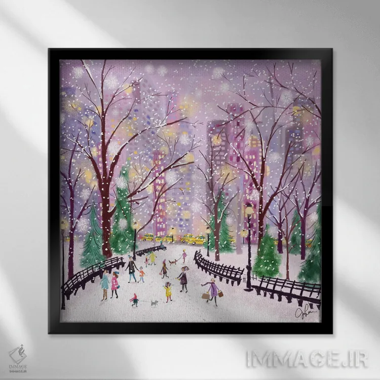 تابلو دکوراتیو شب برفی اثر جوی لافرم - نمای قابدار مشکی