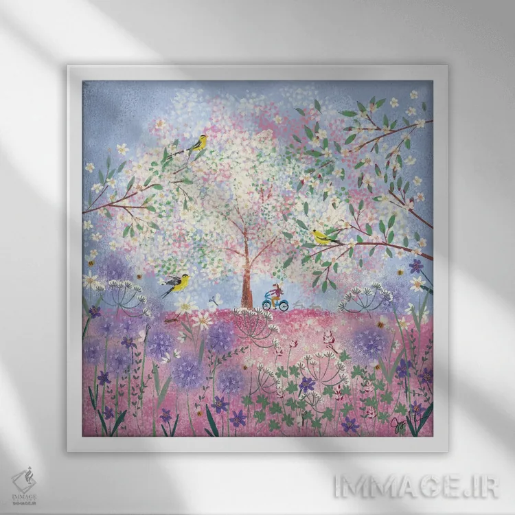 تابلو دکوراتیو گیاهان بهاری پری وینکل اثر جوی لافرم - نمای قابدار سفید