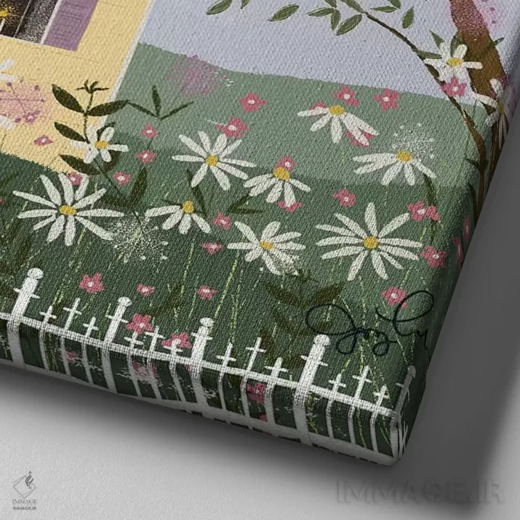 تابلو دکوراتیو خانه زرد روی تپه اثر جوی لافرم - نمای نزدیک بافت بوم