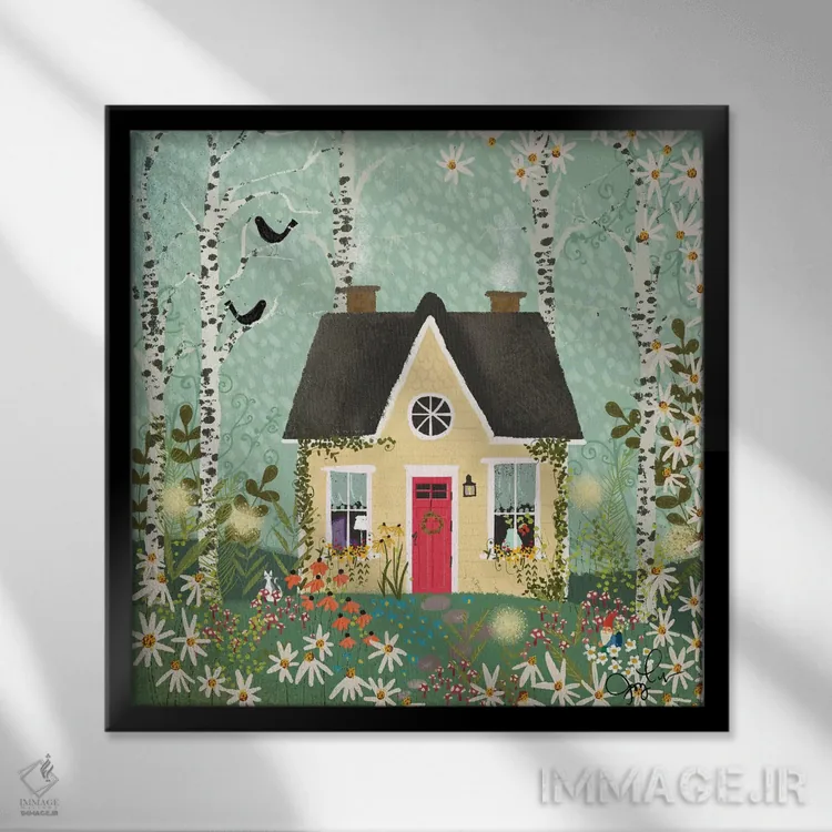 تابلو دکوراتیو خانه زرد در جنگل اثر جوی لافرم - نمای قابدار مشکی