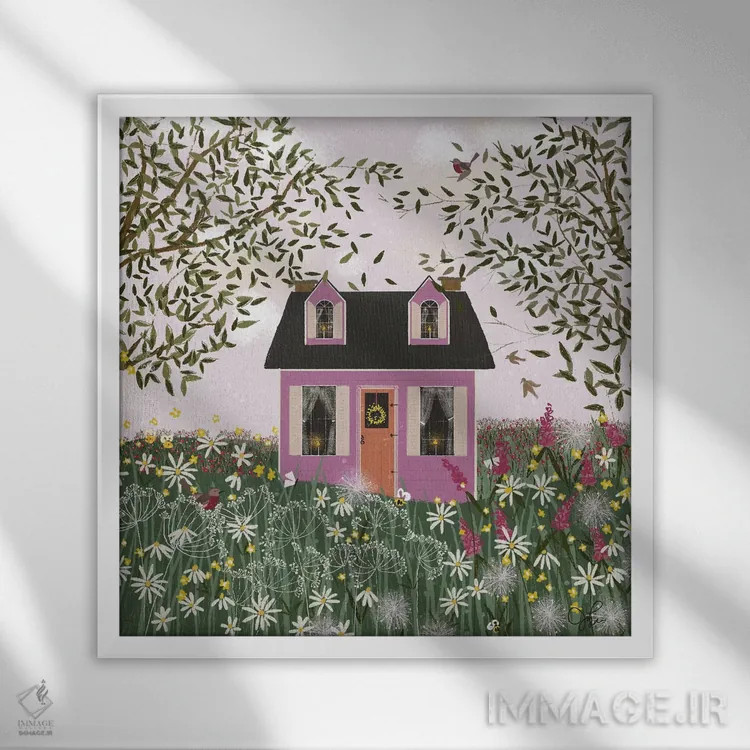 تابلو دکوراتیو خانه بنفش روی تپه اثر جوی لافرم - نمای قابدار سفید