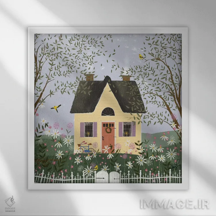 تابلو دکوراتیو خانه زرد روی تپه اثر جوی لافرم - نمای قابدار سفید