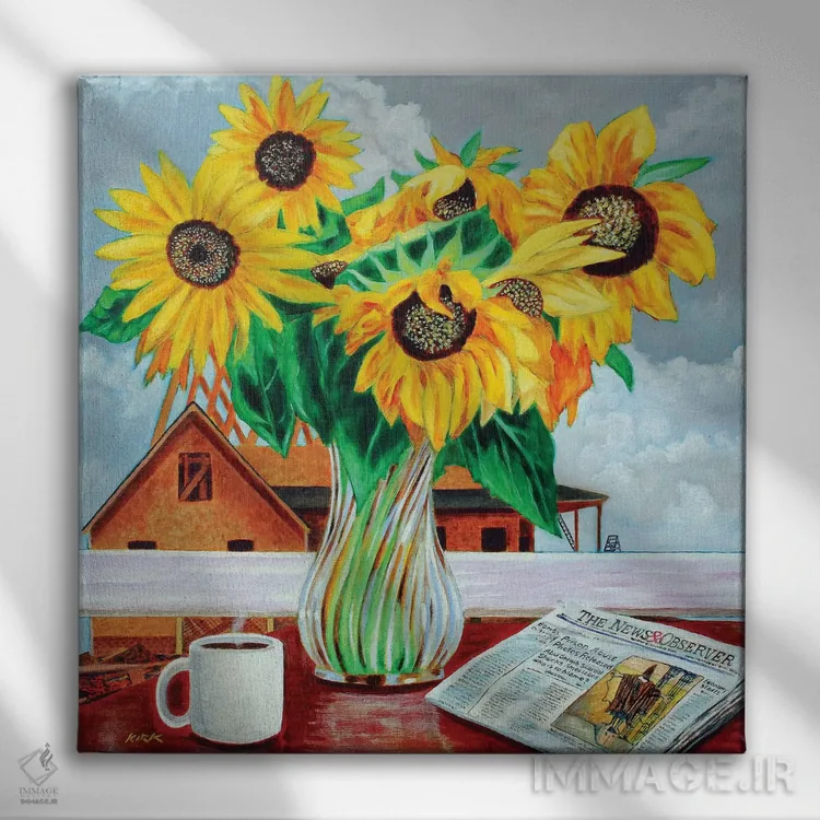 تابلو دکوراتیو خیره به گل های آفتابگردان اثر جری لی کرک - نمای روبهرو روی دیوار