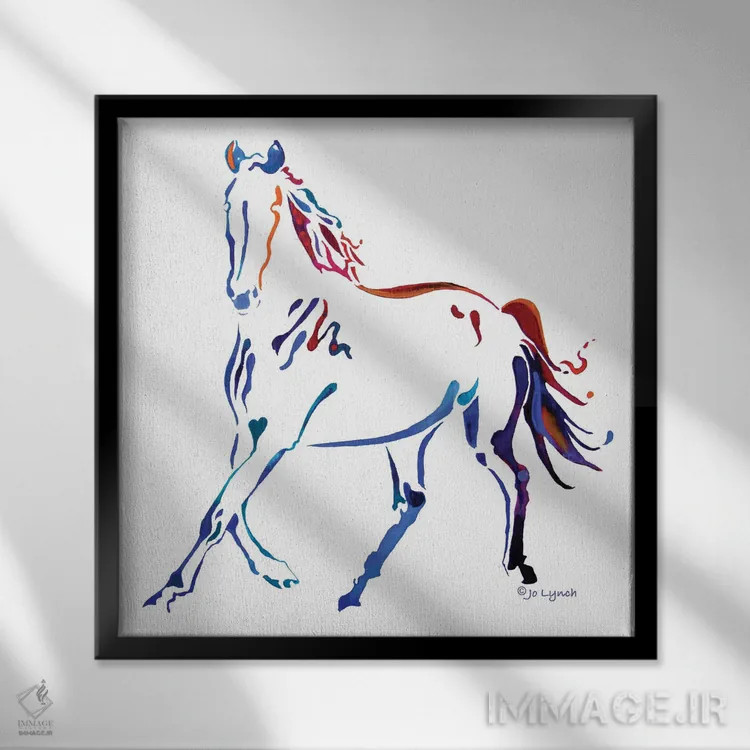 تابلو دکوراتیو اسب رنگارنگ سه اثر جو لینچ - نمای قابدار مشکی