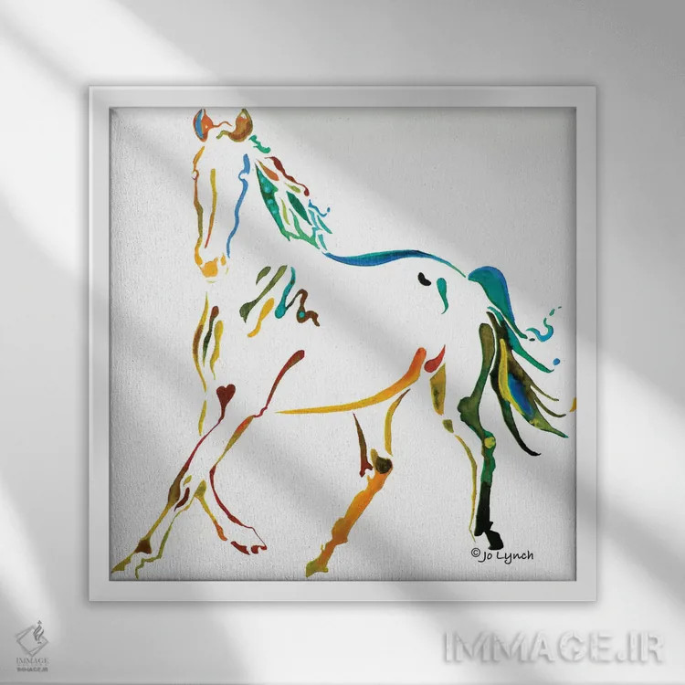 تابلو دکوراتیو اسب رنگارنگ دو اثر جو لینچ - نمای قابدار سفید
