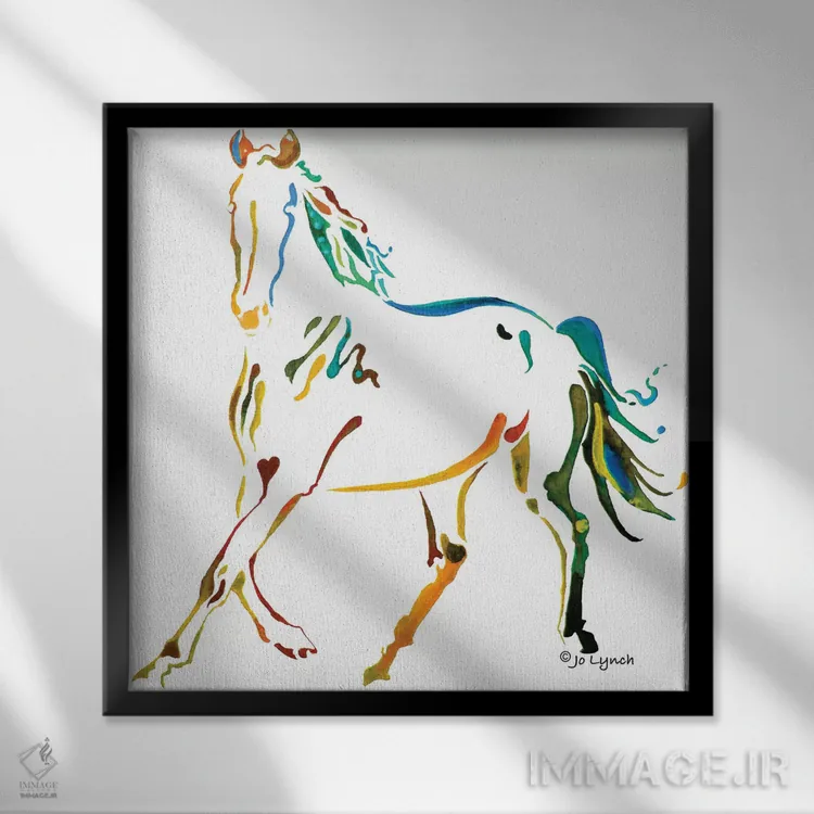 تابلو دکوراتیو اسب رنگارنگ دو اثر جو لینچ - نمای قابدار مشکی