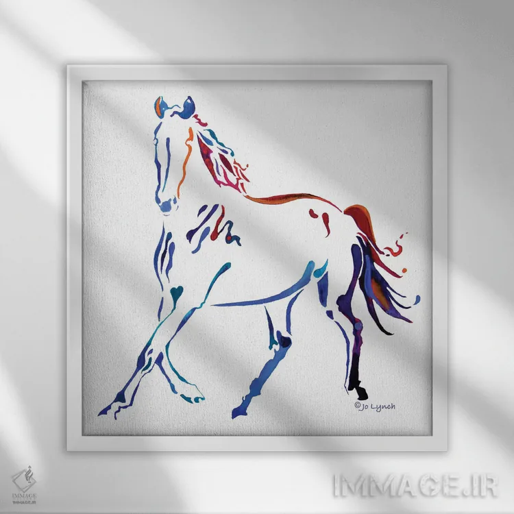 تابلو دکوراتیو اسب رنگارنگ سه اثر جو لینچ - نمای قابدار سفید
