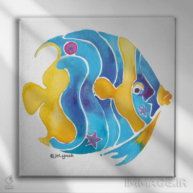 تابلو دکوراتیو ماهی فرشته آبی و زرد یک اثر جو لینچ - نمای روبهرو روی دیوار