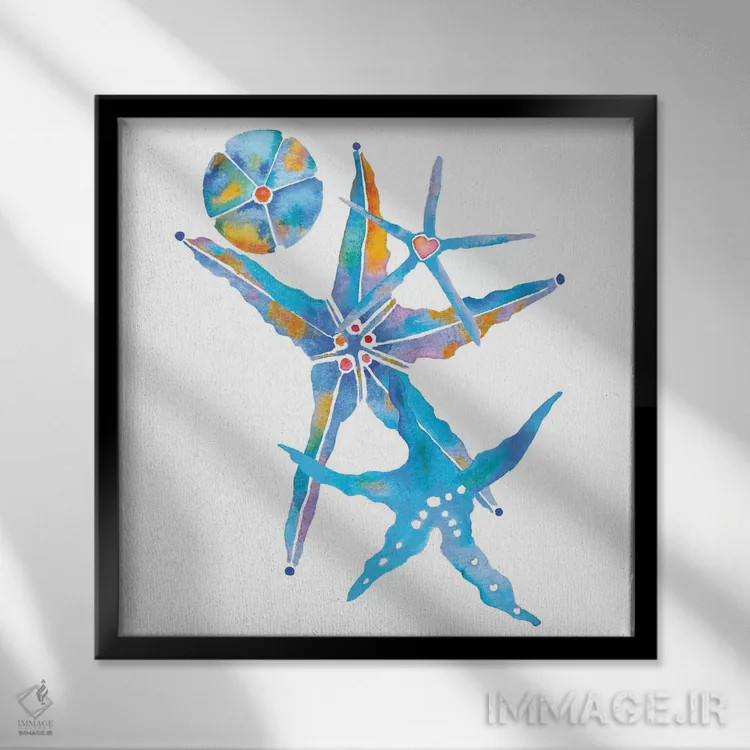 تابلو دکوراتیو سه ستاره دریایی و یک صدف شنی اثر جو لینچ - نمای قابدار مشکی