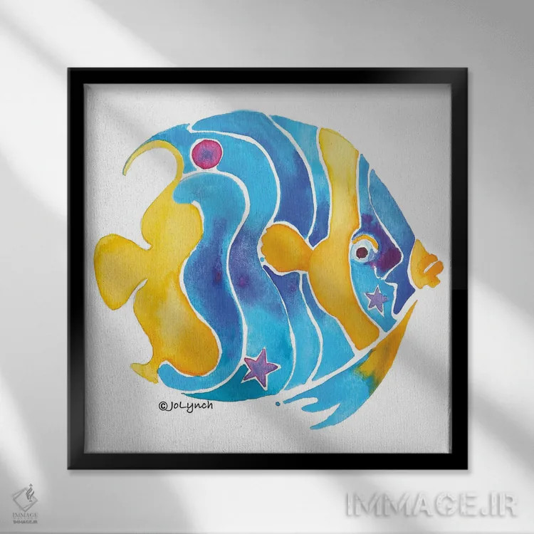 تابلو دکوراتیو ماهی فرشته آبی و زرد یک اثر جو لینچ - نمای قابدار مشکی
