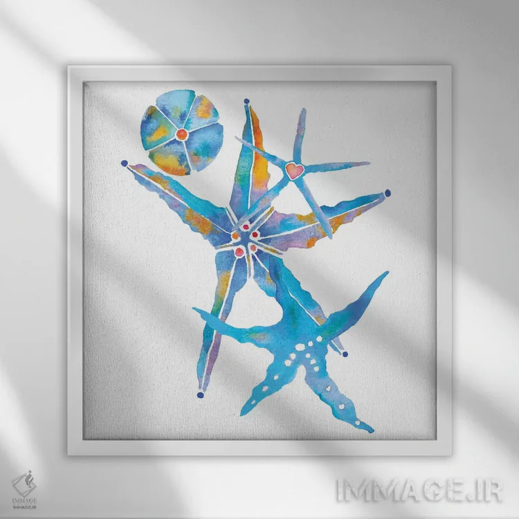 تابلو دکوراتیو سه ستاره دریایی و یک صدف شنی اثر جو لینچ - نمای قابدار سفید