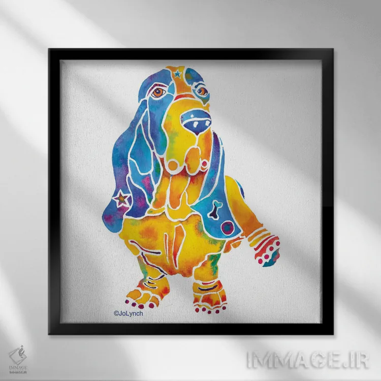 تابلو دکوراتیو سگ بیلی باست هوند روی زمینه سفید اثر جو لینچ - نمای قابدار مشکی
