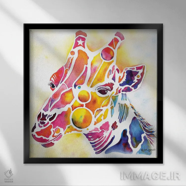 تابلو دکوراتیو زرافه وحشی اثر جو لینچ - نمای قابدار مشکی