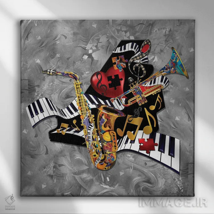 تابلو دکوراتیو مارپیچ پیانو، ساکسفون و ترومپت اثر جولیز - نمای روبهرو روی دیوار