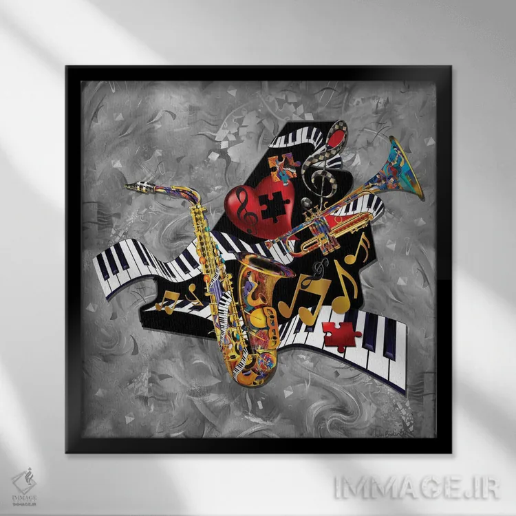 تابلو دکوراتیو مارپیچ پیانو، ساکسفون و ترومپت اثر جولیز - نمای قابدار مشکی