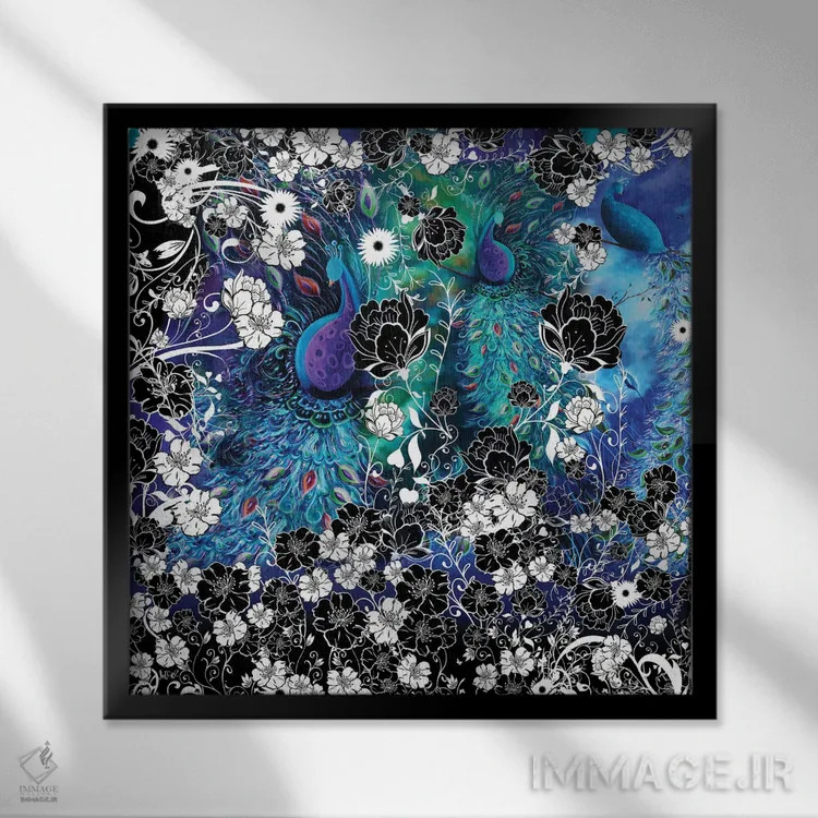 تابلو انتزاعی مربع باغ طاووس اثر جولیز - نمای قابدار مشکی