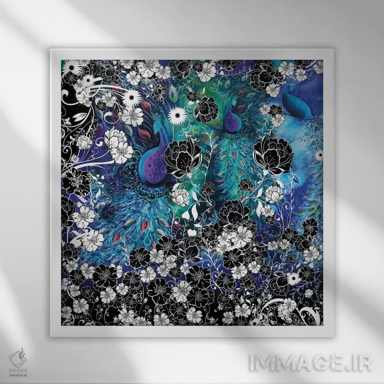 تابلو انتزاعی مربع باغ طاووس اثر جولیز - نمای قابدار سفید