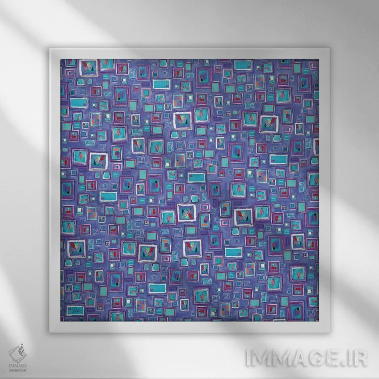 تابلو انتزاعی مربع های آبی اثر جولیز - نمای قابدار سفید