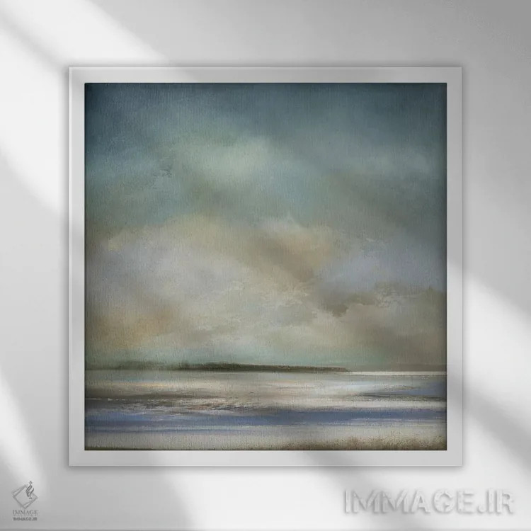 تابلو مینیمال ساحل صبحگاهی اثر جیک مسینا - نمای قابدار سفید