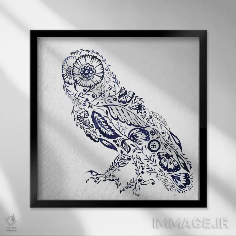 تابلو مدرن جغد گل دار فولکلور اثر ژاکلین مالدونادو - نمای قابدار مشکی