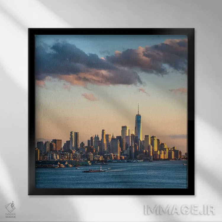 تابلو دکوراتیو آسمان نمای پایین منهتن با مرکز تجارت جهانی وان در غروب اثر یان بکه - نمای قابدار مشکی