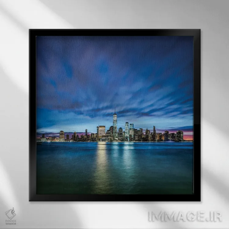 تابلو دکوراتیو نمای شبانه آسمان نمای منهتن از نیوجرسی اثر یان بکه - نمای قابدار مشکی