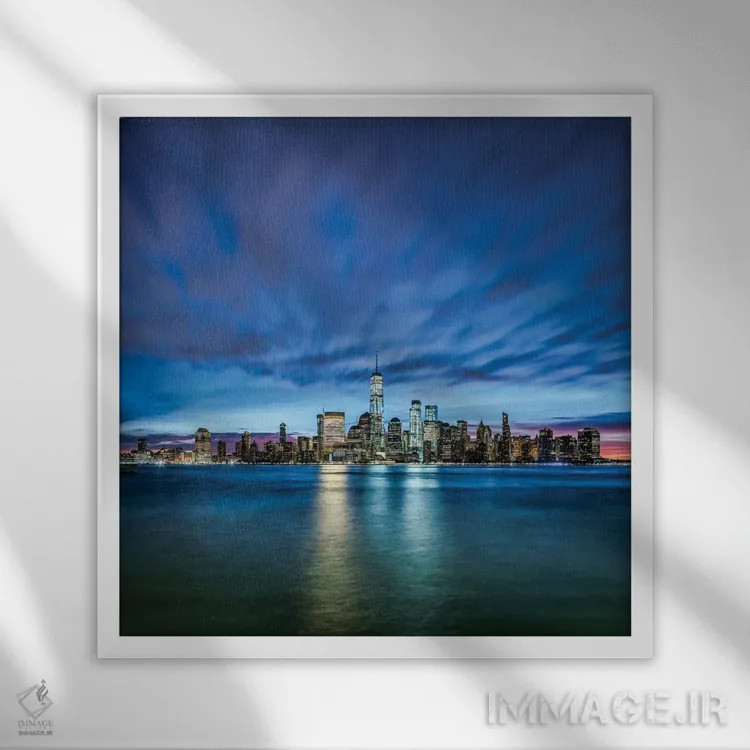 تابلو دکوراتیو نمای شبانه آسمان نمای منهتن از نیوجرسی اثر یان بکه - نمای قابدار سفید