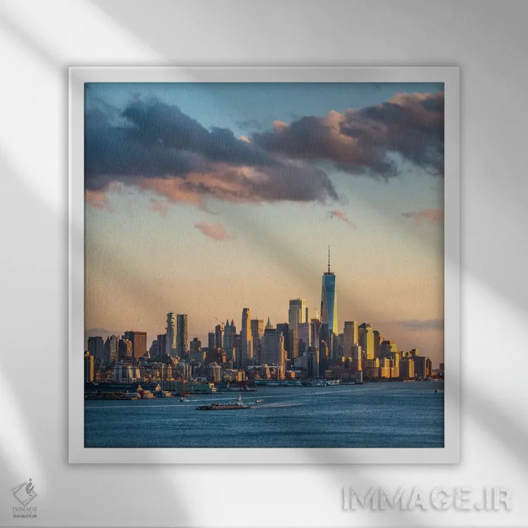 تابلو دکوراتیو آسمان نمای پایین منهتن با مرکز تجارت جهانی وان در غروب اثر یان بکه - نمای قابدار سفید