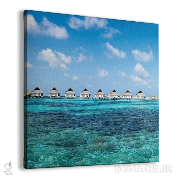 تابلو دکوراتیو ویلاهای روی آب در یک اقامتگاه لوکس ساحلی در مالدیو اثر یان بکه - نمای پرسپکتیو محصول