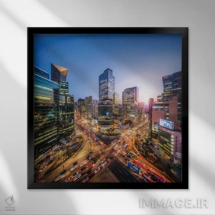 تابلو دکوراتیو Seoul, South Korea,گانگنام در شب اثر یان بکه - نمای قابدار مشکی