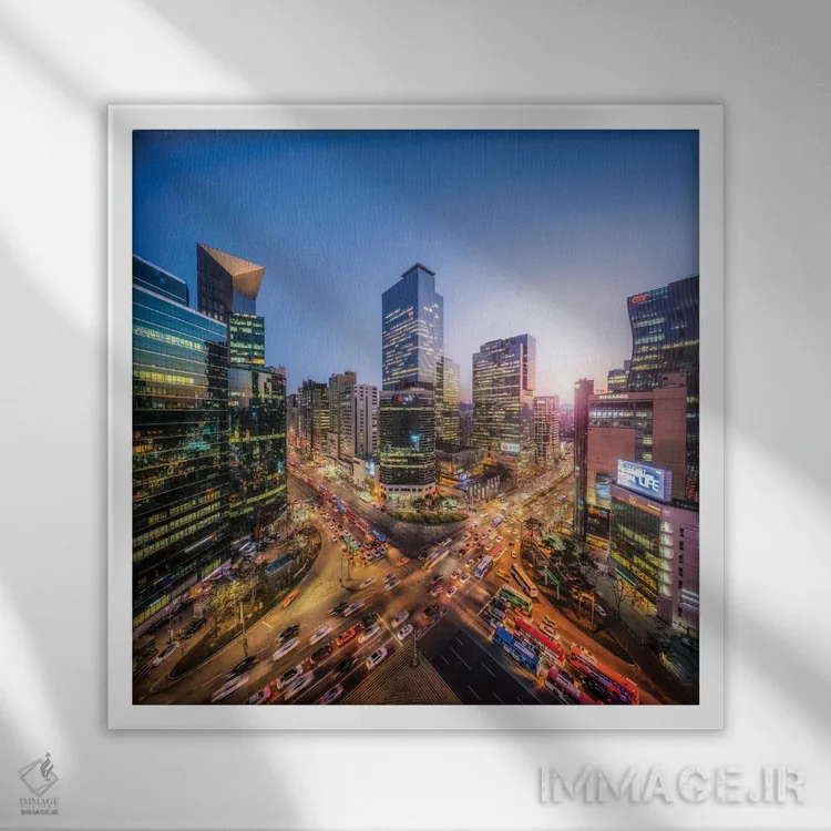 تابلو دکوراتیو Seoul, South Korea,گانگنام در شب اثر یان بکه - نمای قابدار سفید