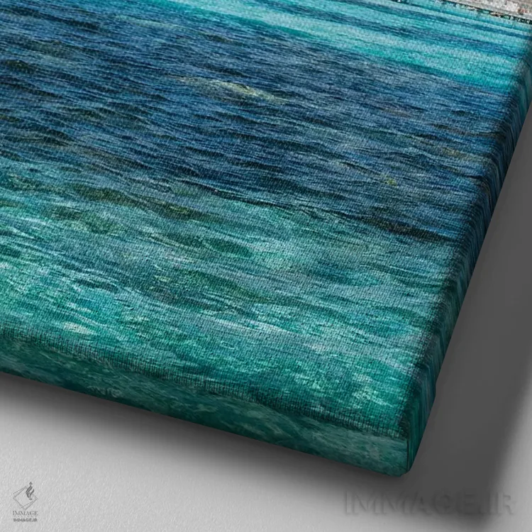 تابلو دکوراتیو ویلاهای روی آب در یک اقامتگاه لوکس ساحلی در مالدیو اثر یان بکه - نمای نزدیک بافت بوم