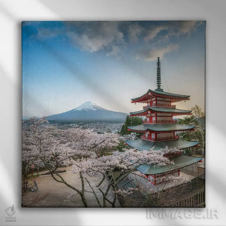 تابلو دکوراتیو Fujiyoshida, Japan,پاگودای چوریتو و کوه فوجی در فصل شکوفه های گ… اثر یان بکه - نمای روبهرو روی دیوار