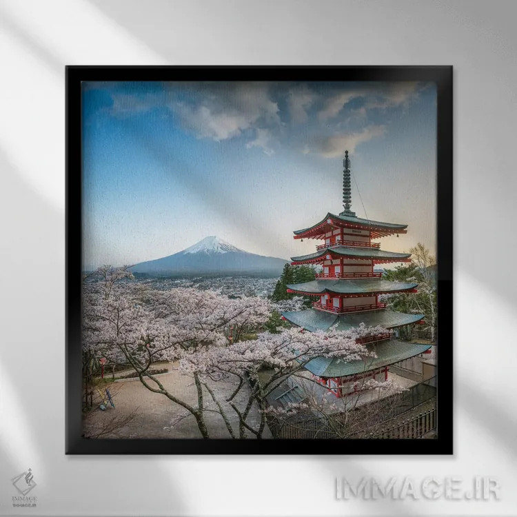 تابلو دکوراتیو Fujiyoshida, Japan,پاگودای چوریتو و کوه فوجی در فصل شکوفه های گ… اثر یان بکه - نمای قابدار مشکی