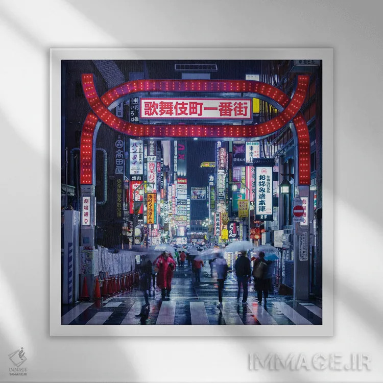 تابلو دکوراتیو Japan,زندگی شبانه در منطقه کابوکی چو، توکیو، ژاپن اثر یان بکه - نمای قابدار سفید