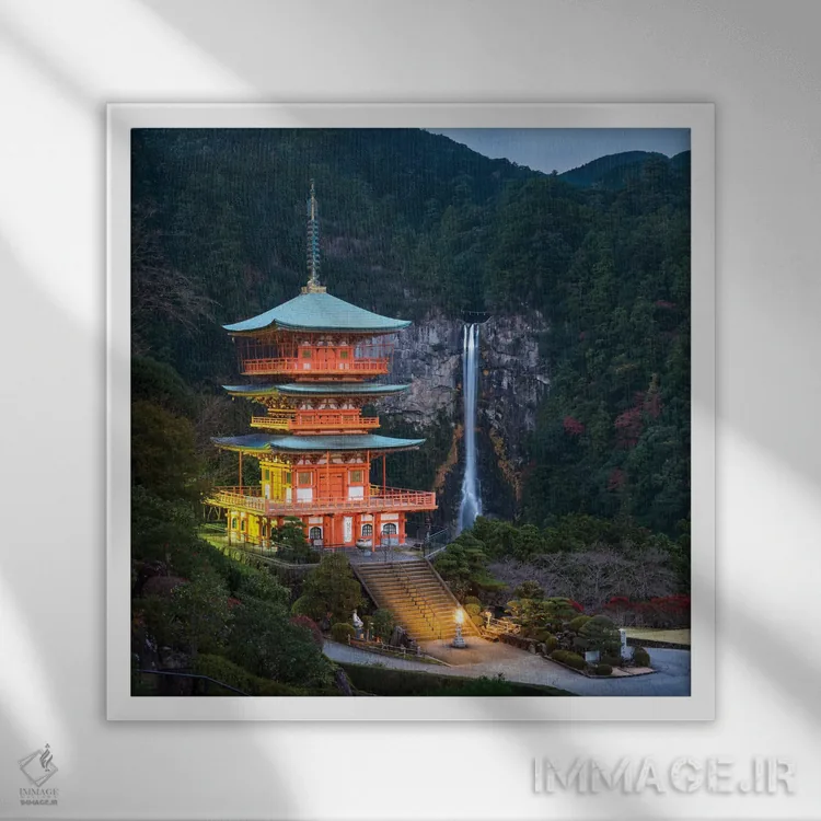 تابلو دکوراتیو Kumano Nachi-Taisha, Japan,پاگودای سه طبقه با آبشار ناچی در پس… اثر یان بکه - نمای قابدار سفید