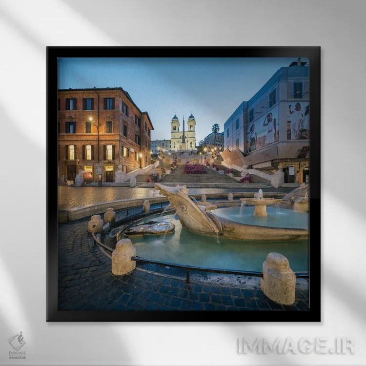 تابلو دکوراتیو Piazza Di Spagna, Rome, Italy,پلکان اسپانیایی و فواره بارکاتشا… اثر یان بکه - نمای قابدار مشکی