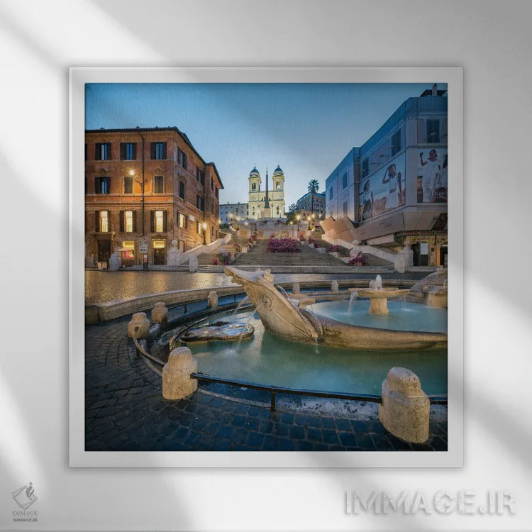 تابلو دکوراتیو Piazza Di Spagna, Rome, Italy,پلکان اسپانیایی و فواره بارکاتشا… اثر یان بکه - نمای قابدار سفید