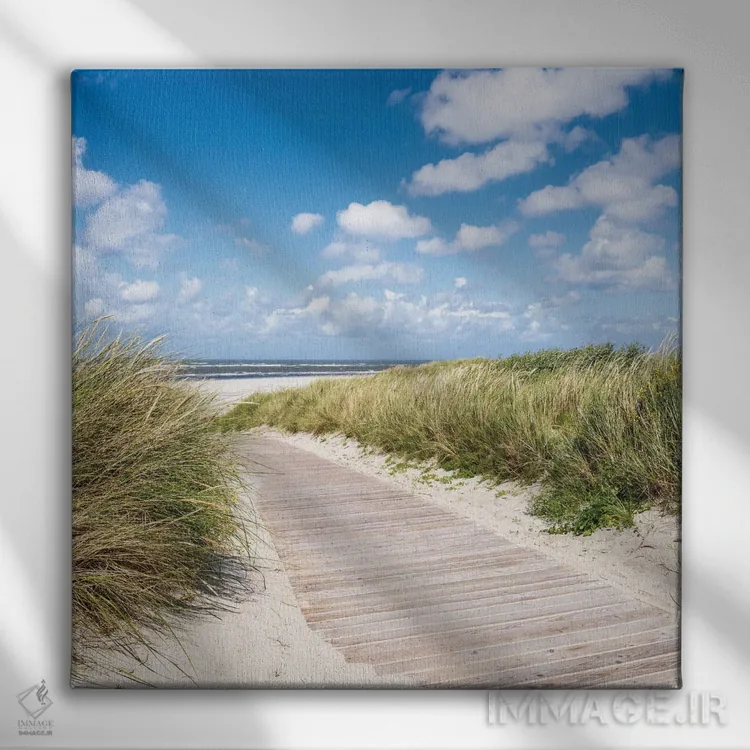 تابلو دکوراتیو پیاده روی چوبی کنار ساحل شنی، ساحل دریای شمال، آلمان اثر یان بکه - نمای روبهرو روی دیوار